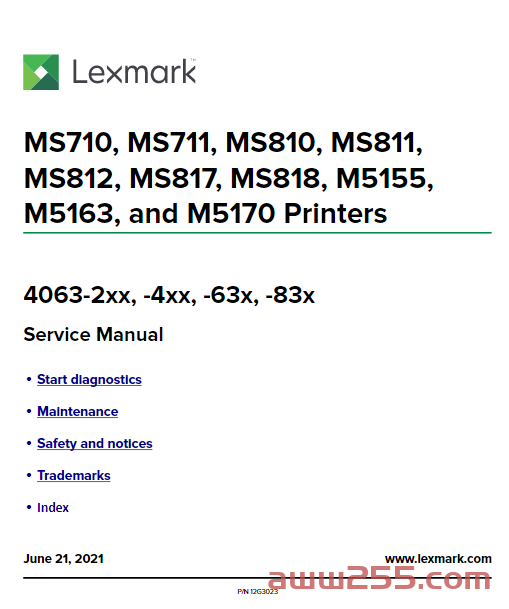 利盟 MS710 MS711 MS810 MS811 MS812 MS817 MS818 M5155 M5163 M5170 黑白激光打印机英文维修手册 