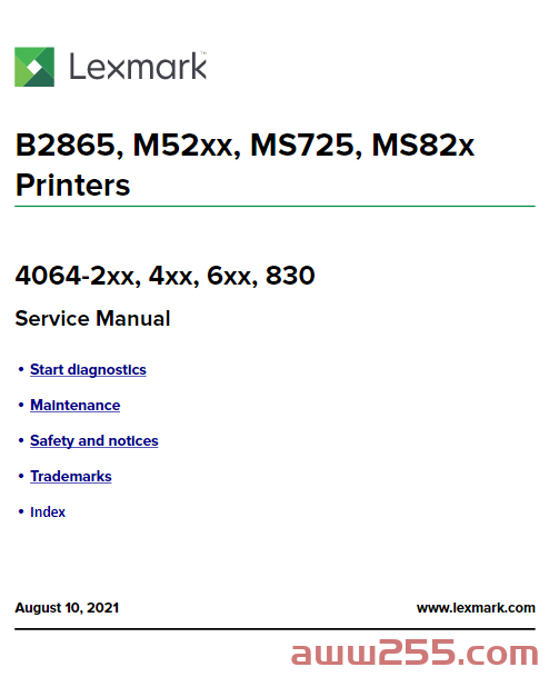 利盟 M5255 M5270 MS725 MS821 MS822 MS823 MS825 MS826黑白激光打印机英文维修手册 